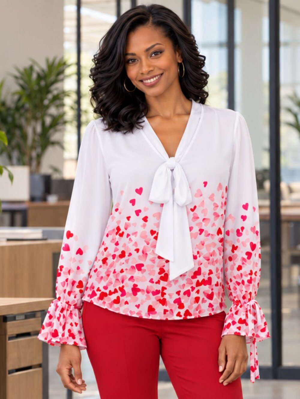New York and Company Hearts on White Tie-Neck Blouse - XL - LIKE NEW